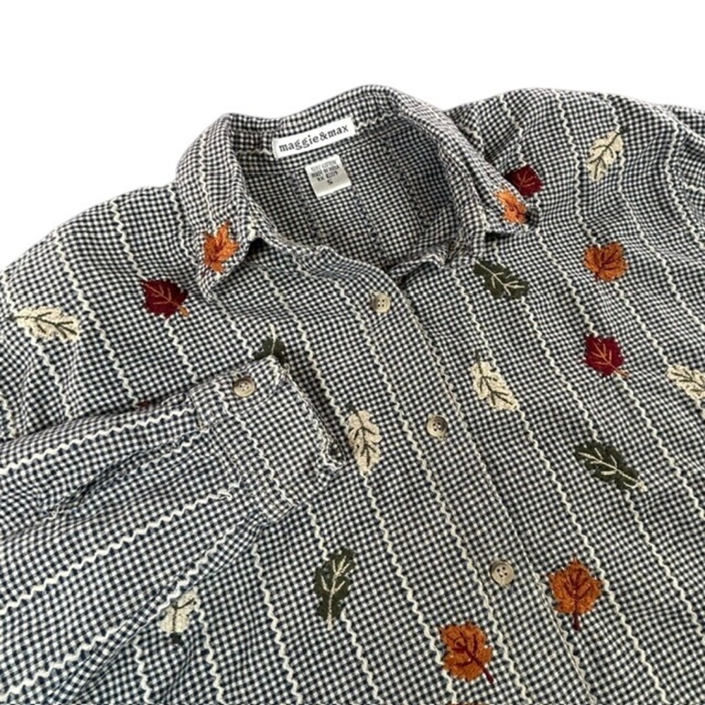 Vtg Maggie & Max Fall Leaves Embroidered Gingham Shirt SM Thanksgiving Autumn